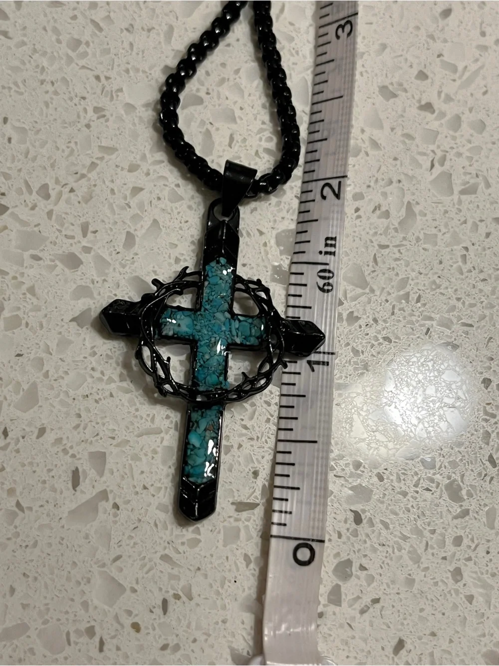 Thorn Wrapped Cross Faux Turquoise Necklace with PRINT of inlay turquoise stone